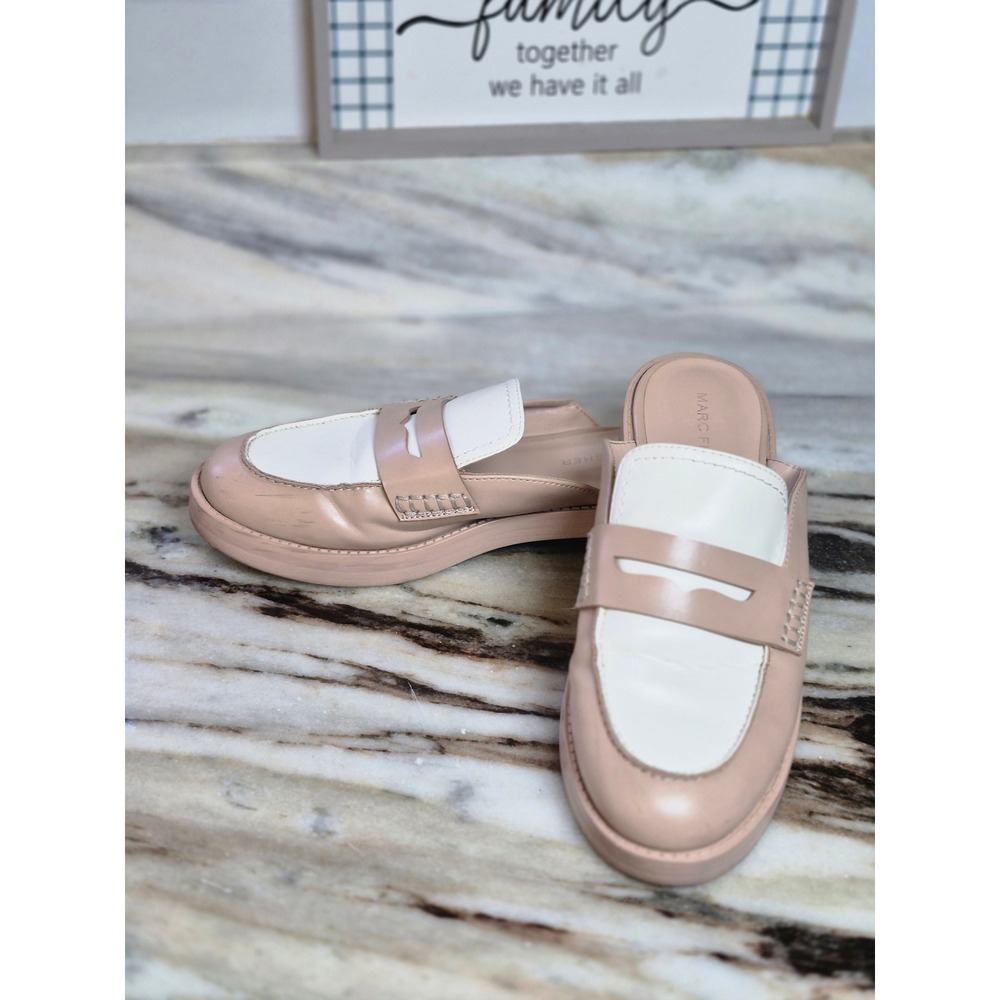 Marc Fisher Burlesk Penny Loafer Mules Blush White Two Tone Flats 7.5M See Pics‎